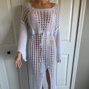 Crocheted Maxi Dress with 3/4 Bell Sleeve, Front Slit White Size M